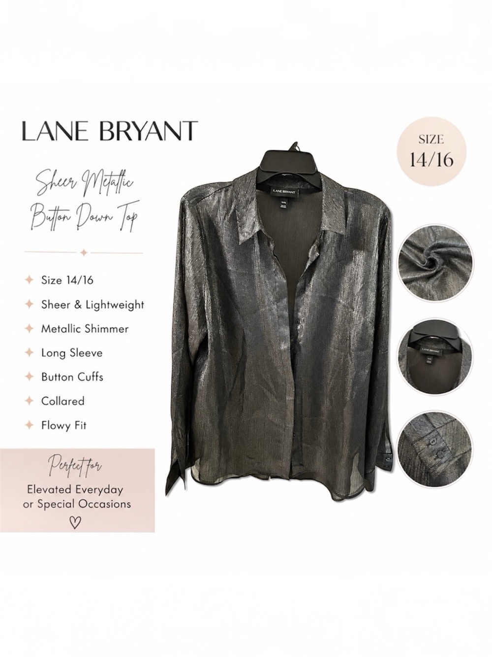 Lane Bryant Size 14 16 Dark Gray Sheer Button Front Blouse 14/16 Layering Top